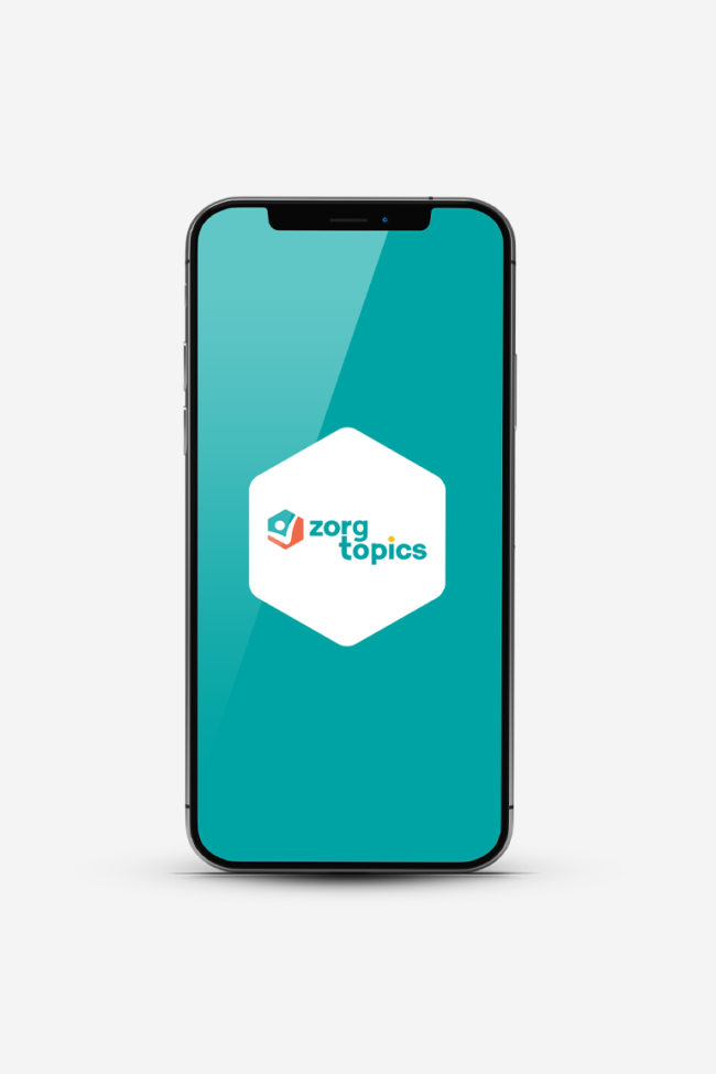 Mock-up van een telefoon met het logo van ZorgTopics