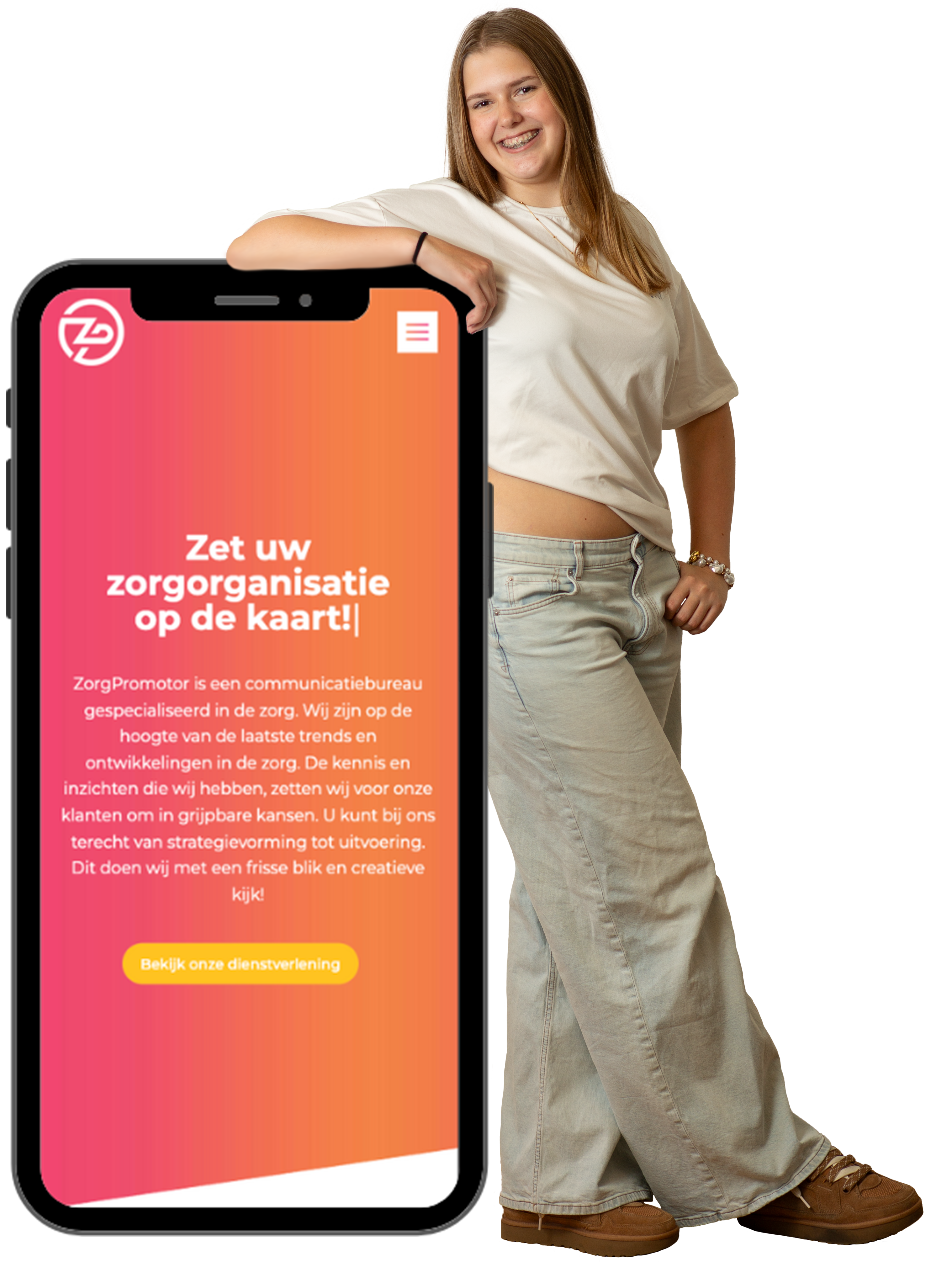 Milou ZorgPromotor Milou werkt bij ZorgPromotor en staat hier tegen een telefoon aan te leunen