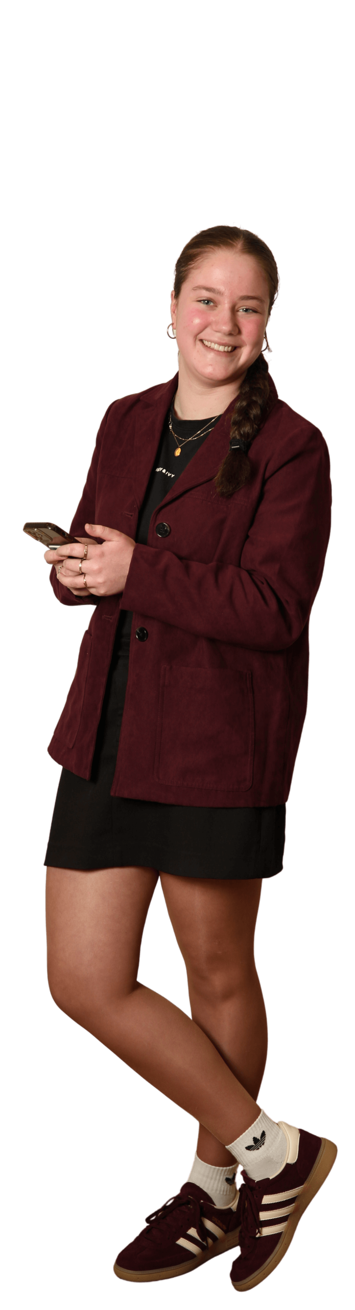 Leah heeft een telefoon vast